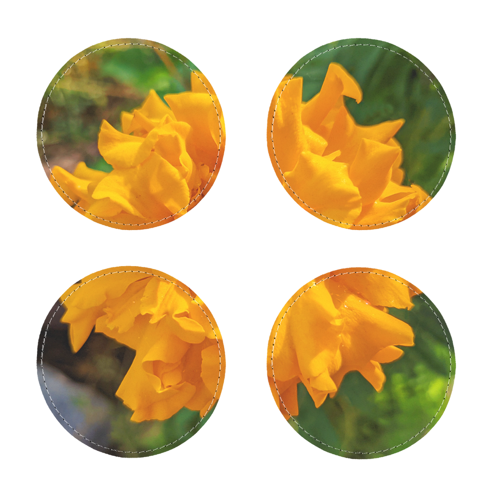 A pack of four OrangeFlower sublimation coasters made of PU leather, featuring a white printable face and elegant white stitching.