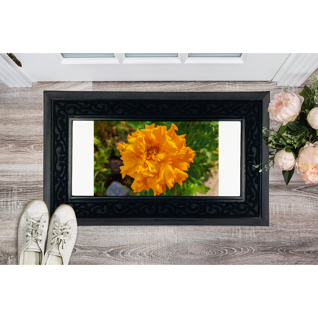 OrangeFlower Sublimation Heavy Duty Door Mat with a removable fabric center and non-slip rubber base, featuring a stylish brush border.