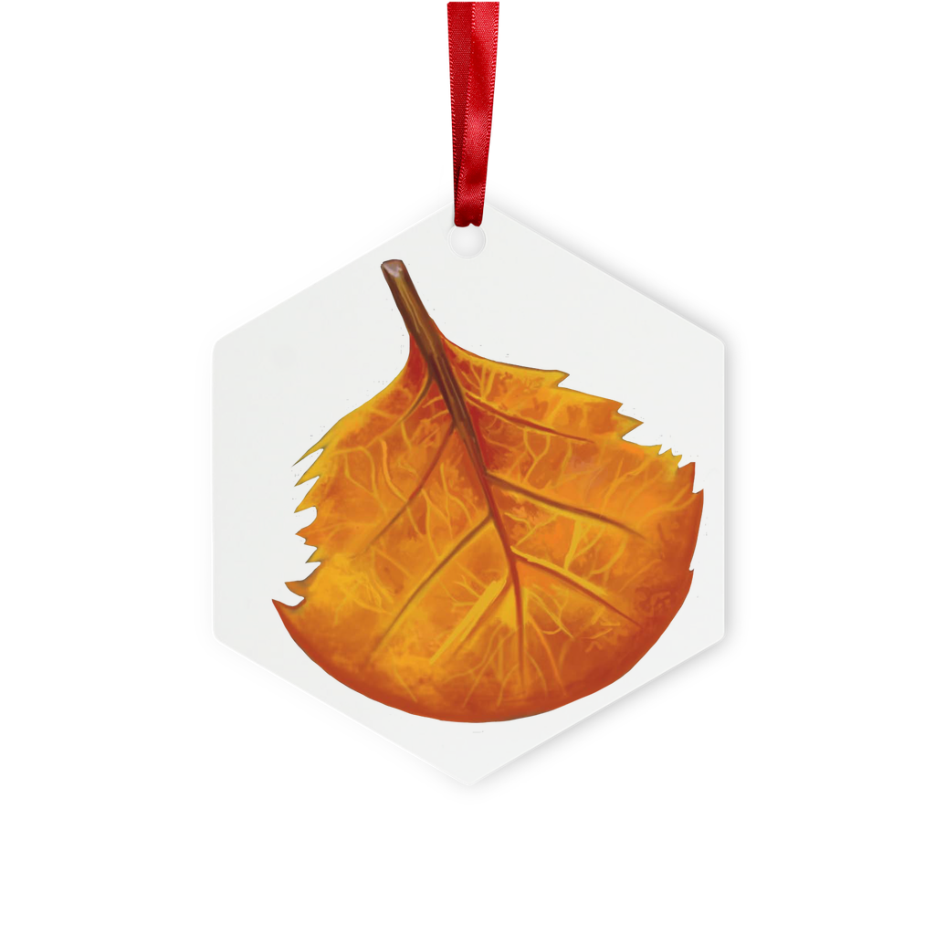 OrangeLeaf Metal Hanging Ornament in hexagon and star shapes, featuring a gloss white finish, red ribbon, and gold string, elegantly packaged in a white box.
