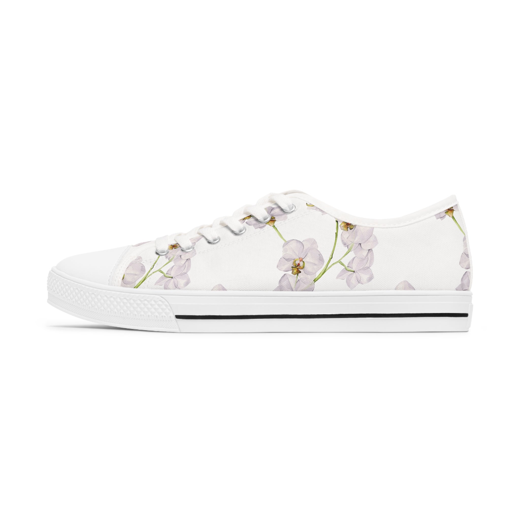 Orchid Women's Low Top Sneakers in black and white with silver metal eyelets, showcasing breathable canvas and customizable design.