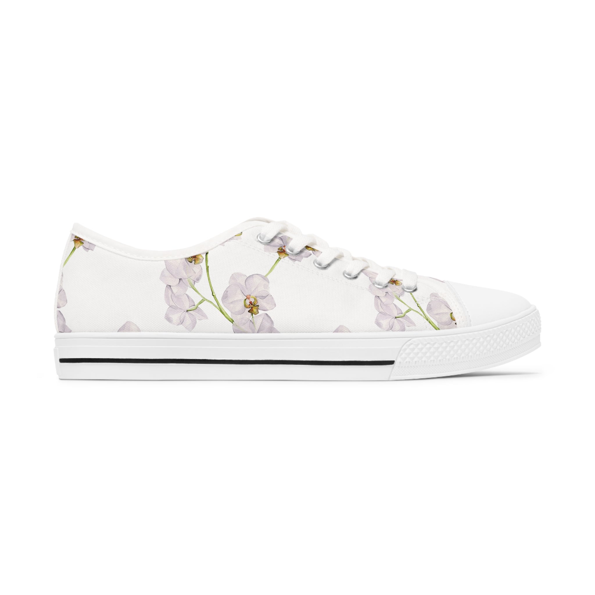 Orchid Women's Low Top Sneakers in black and white with silver metal eyelets, showcasing breathable canvas and customizable design.