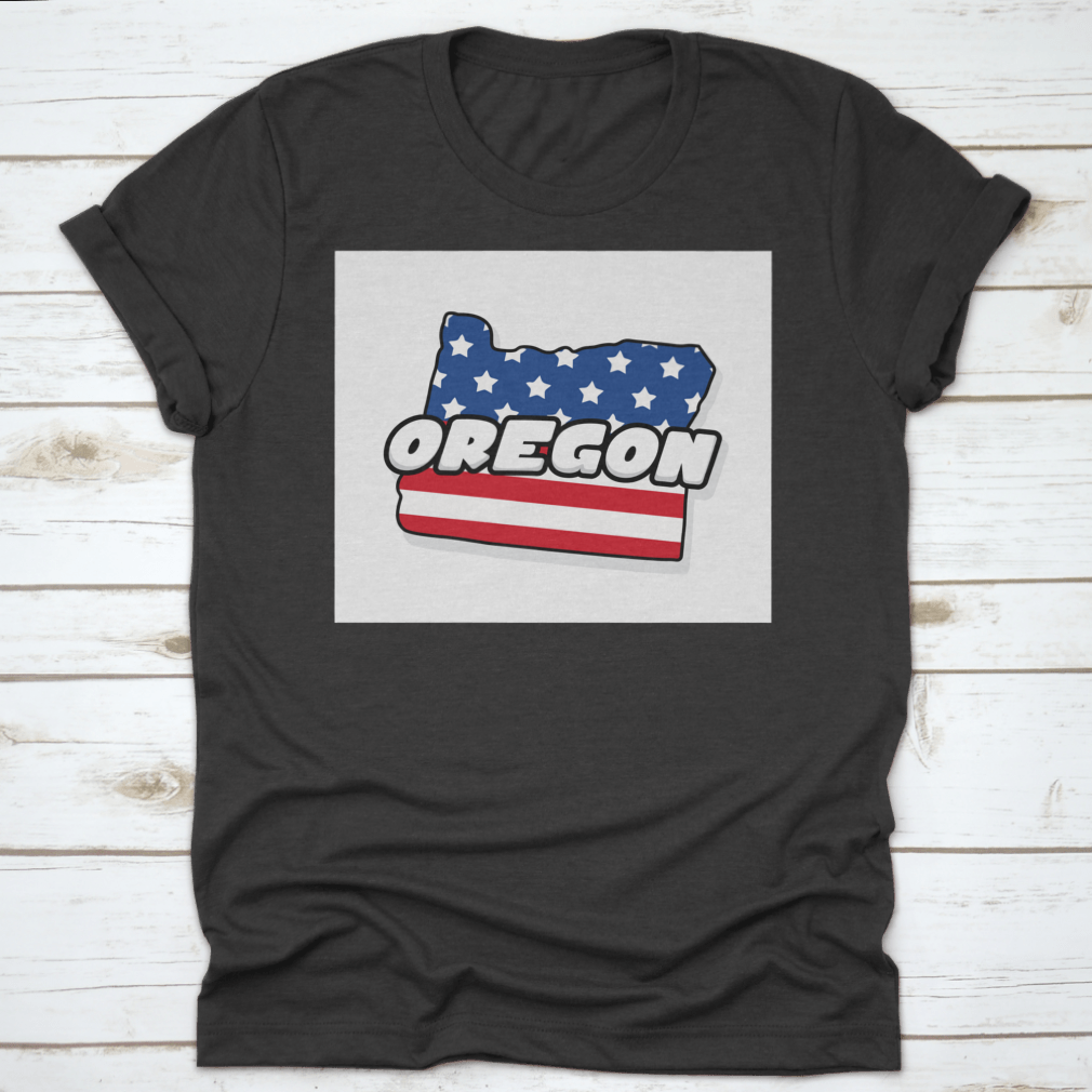 Oregon state map design on an American flag background, showcasing vibrant colors and detailed graphics on a comfortable T-shirt.