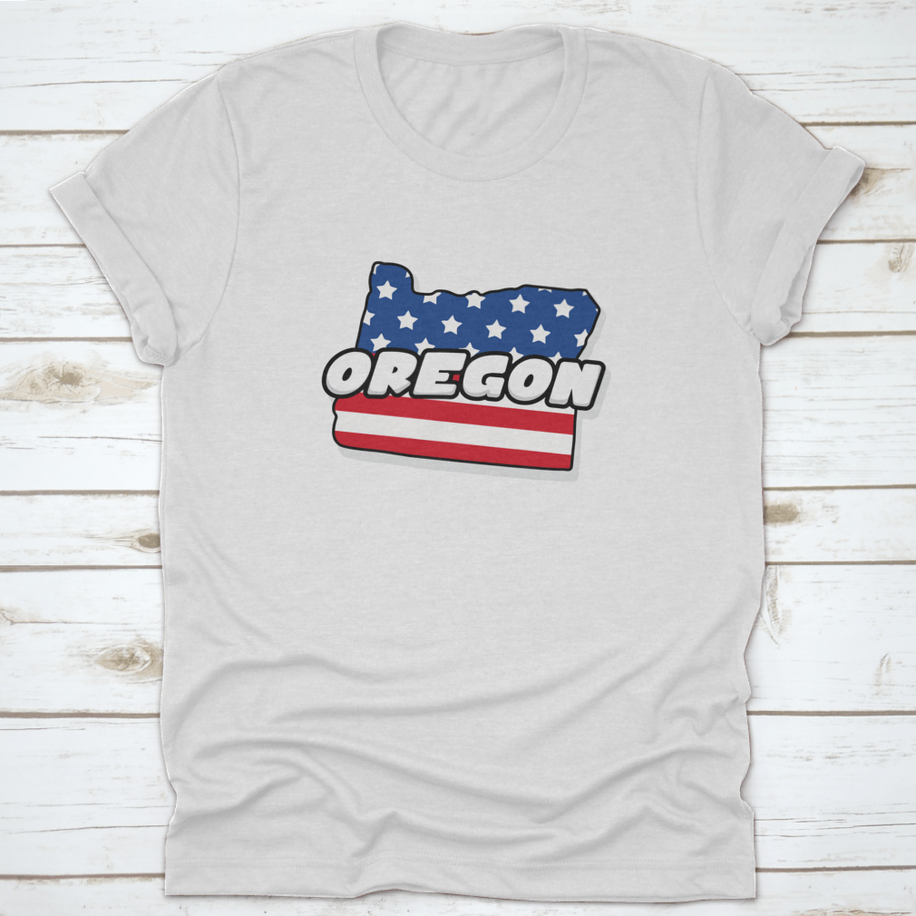 Oregon state map design on an American flag background, showcasing vibrant colors and detailed graphics on a comfortable T-shirt.
