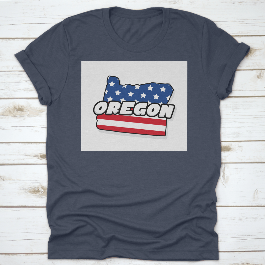 Oregon state map design on an American flag background, showcasing vibrant colors and detailed graphics on a comfortable T-shirt.