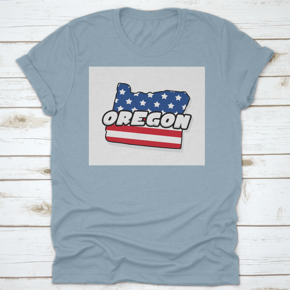 Oregon state map design on an American flag background, showcasing vibrant colors and detailed graphics on a comfortable T-shirt.