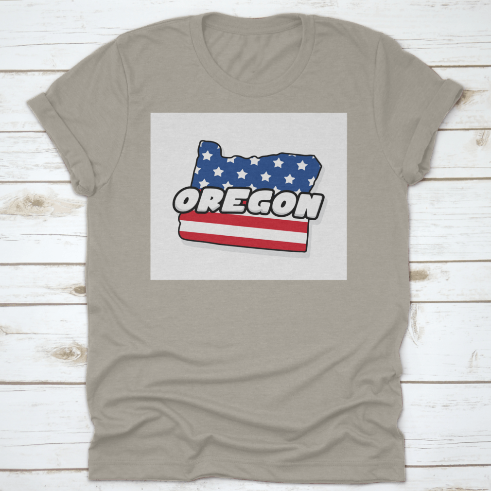 Oregon state map design on an American flag background, showcasing vibrant colors and detailed graphics on a comfortable T-shirt.