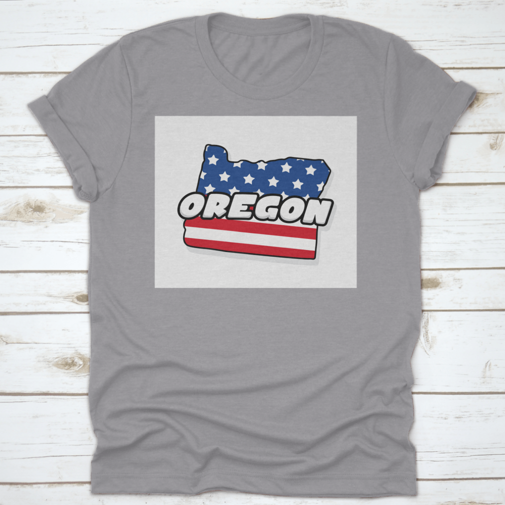 Oregon state map design on an American flag background, showcasing vibrant colors and detailed graphics on a comfortable T-shirt.