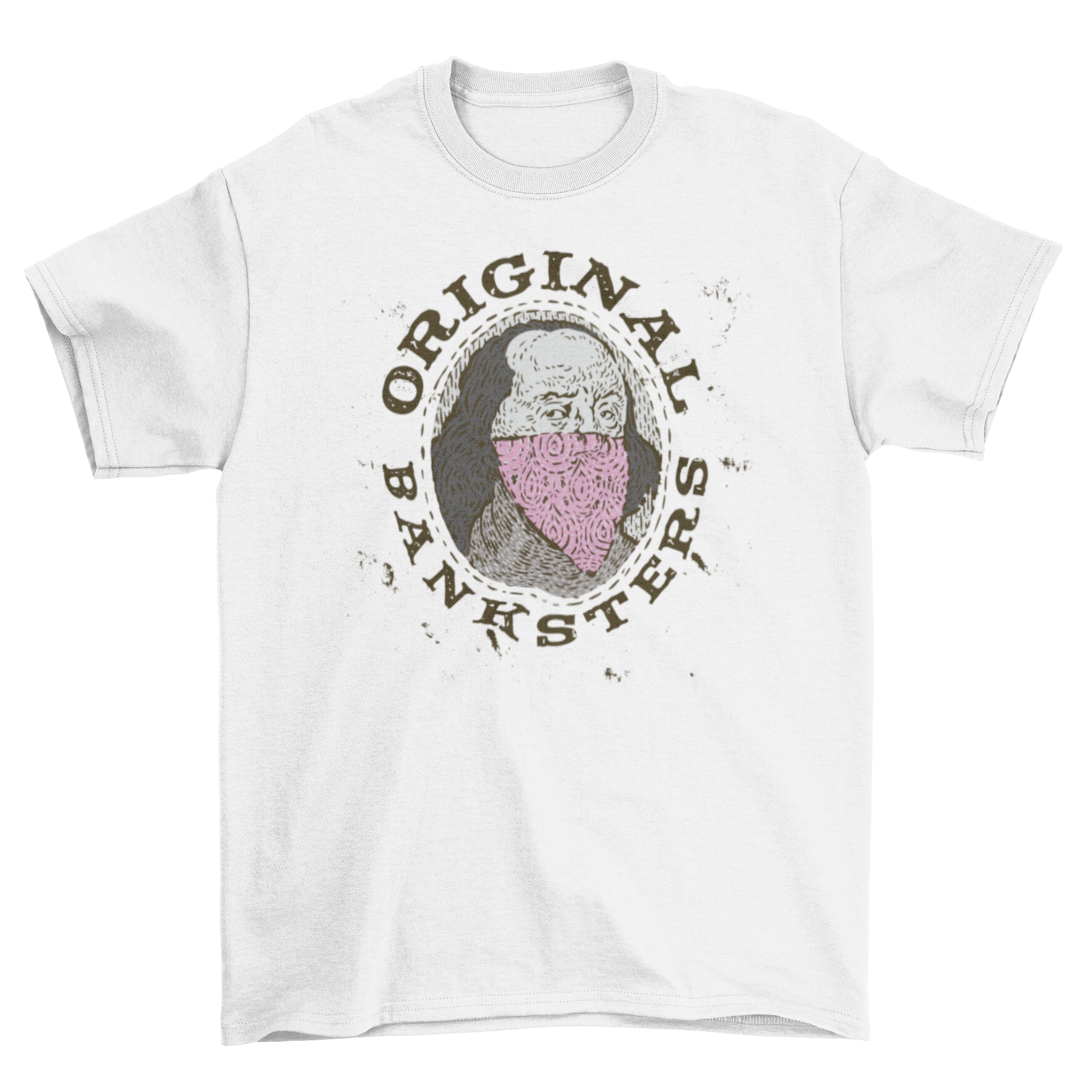 Funny t-shirt featuring gangster Benjamin Franklin with the quote 'Original banksters'.