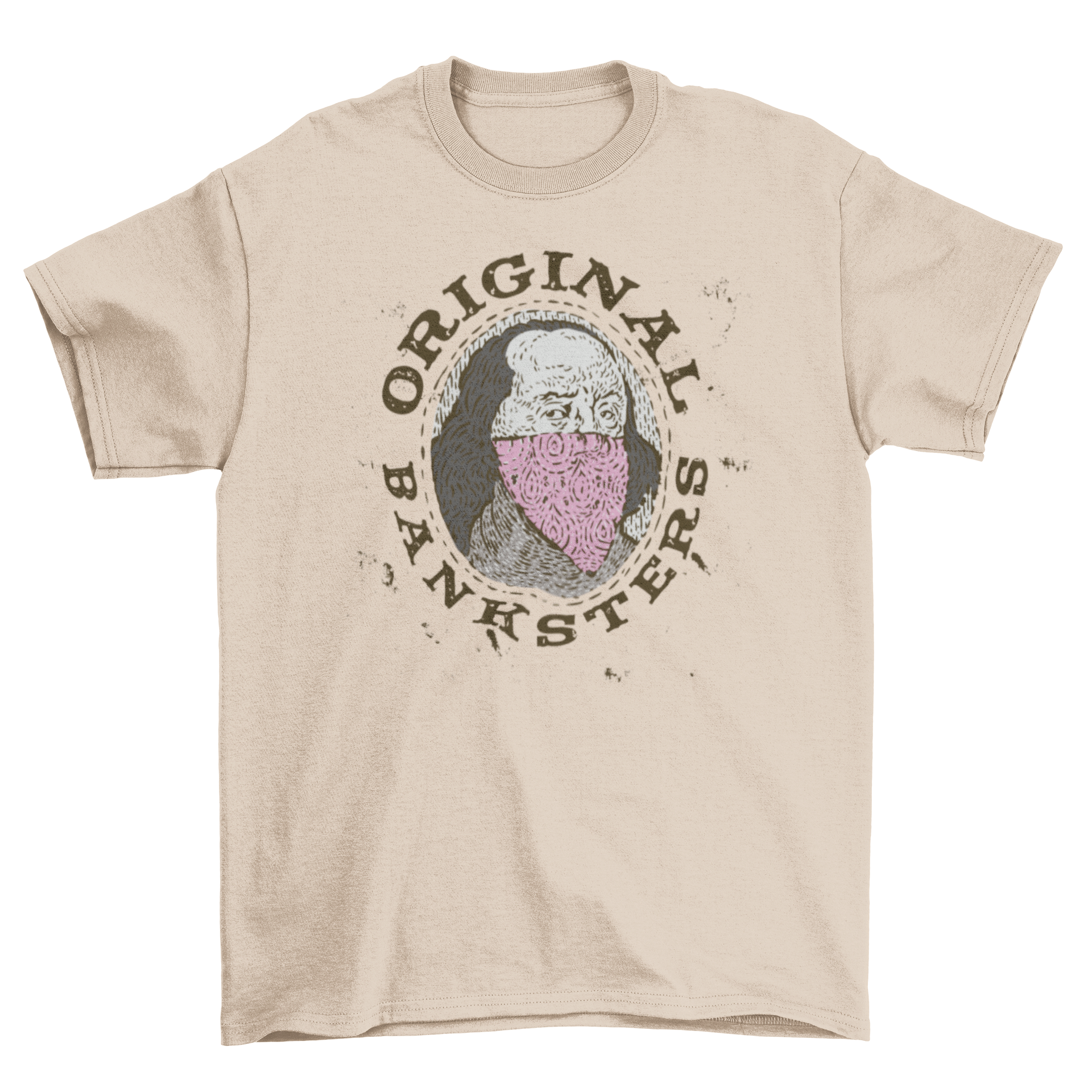Funny t-shirt featuring gangster Benjamin Franklin with the quote 'Original banksters'.