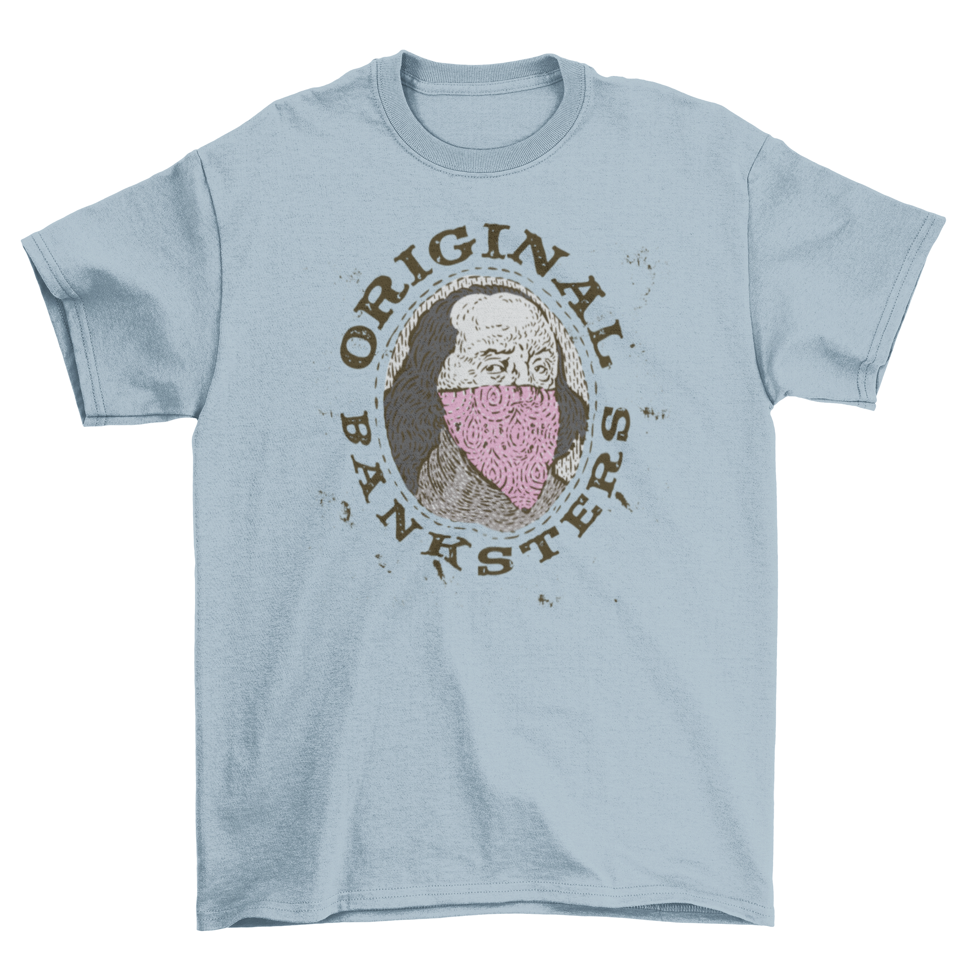 Funny t-shirt featuring gangster Benjamin Franklin with the quote 'Original banksters'.