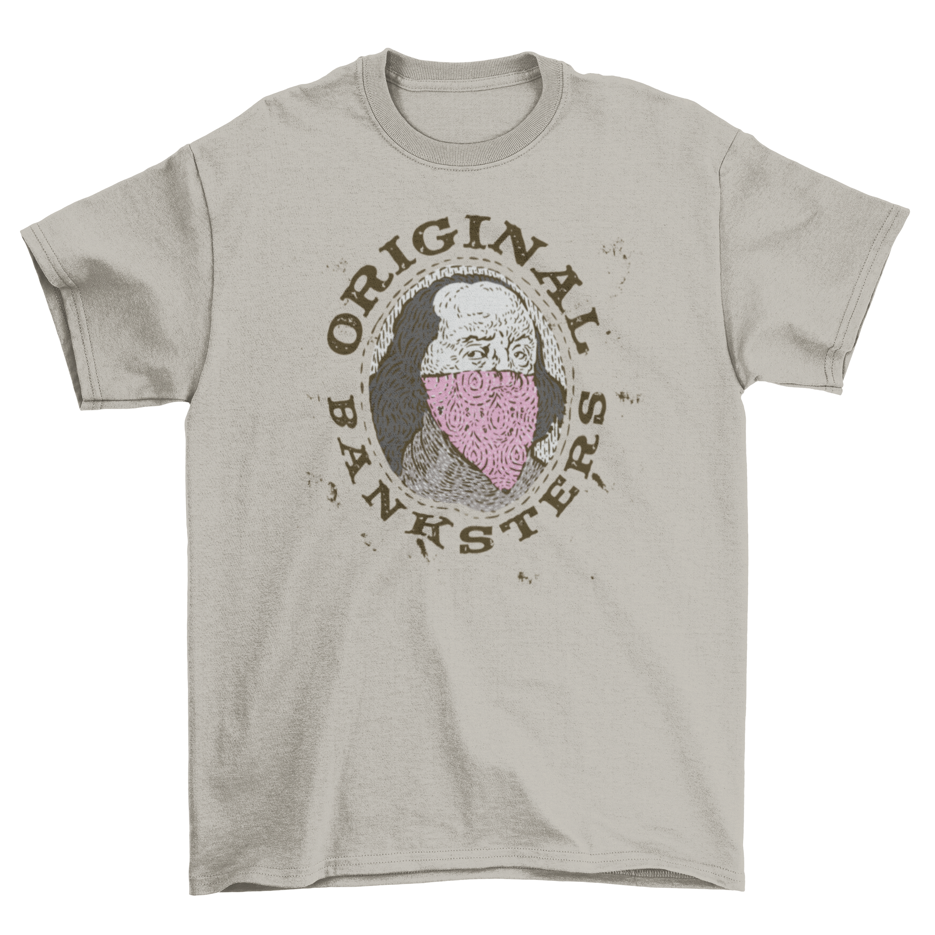 Funny t-shirt featuring gangster Benjamin Franklin with the quote 'Original banksters'.