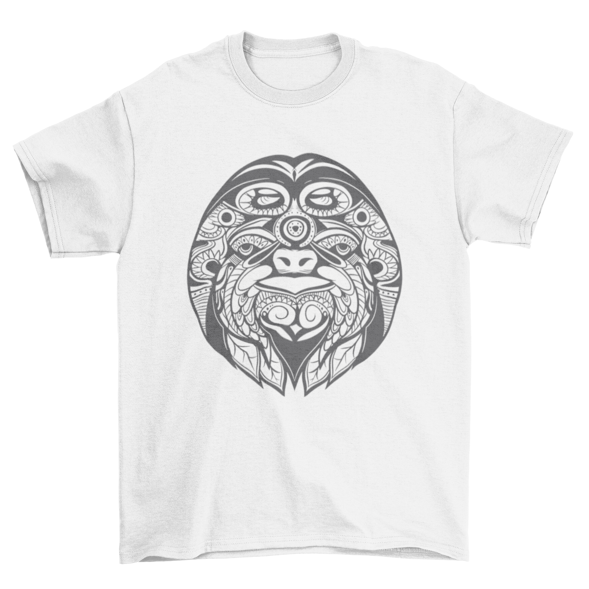 A stylish t-shirt featuring an intricate ornamental illustration of a sloth, showcasing its unique design.
