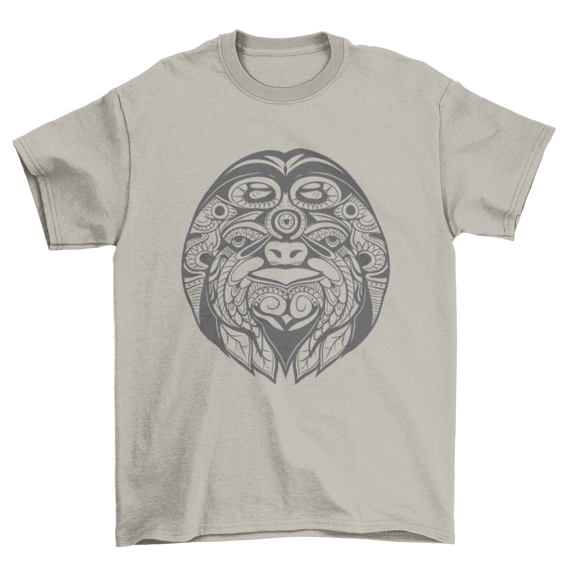A stylish t-shirt featuring an intricate ornamental illustration of a sloth, showcasing its unique design.