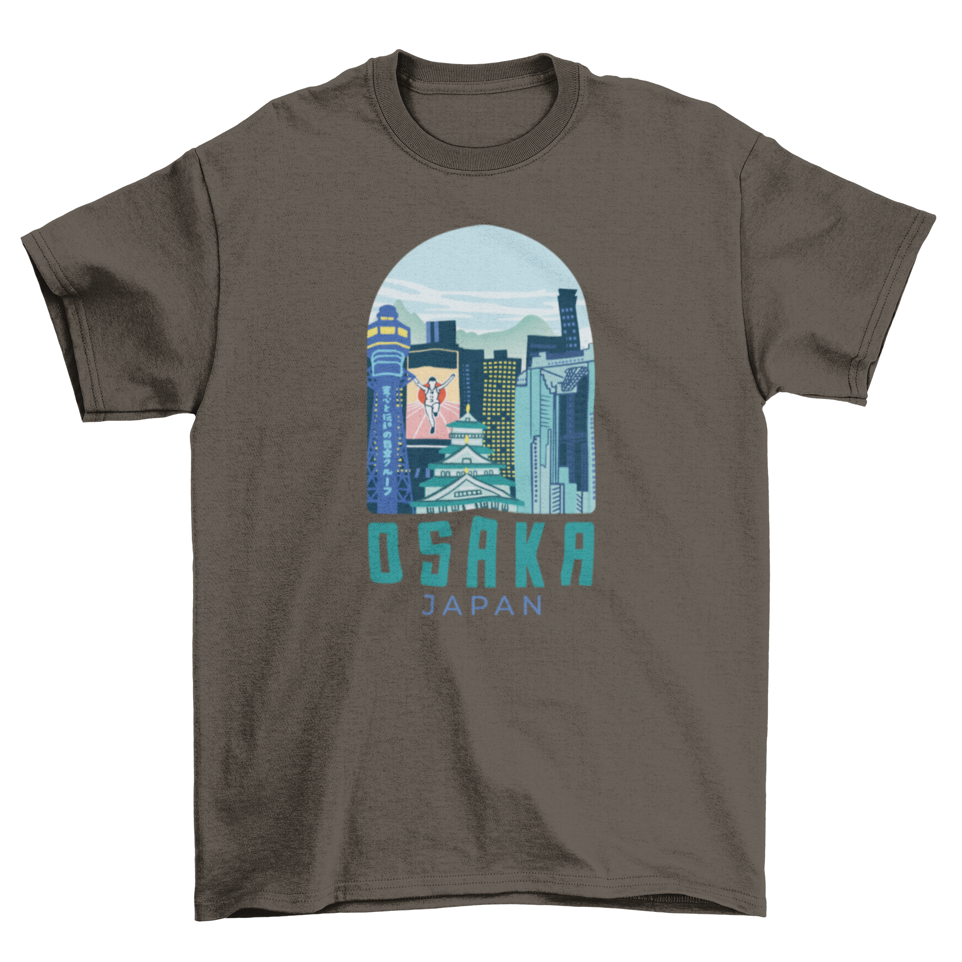 A stylish t-shirt featuring a vibrant design of Osaka city, showcasing its iconic skyline and cultural elements.