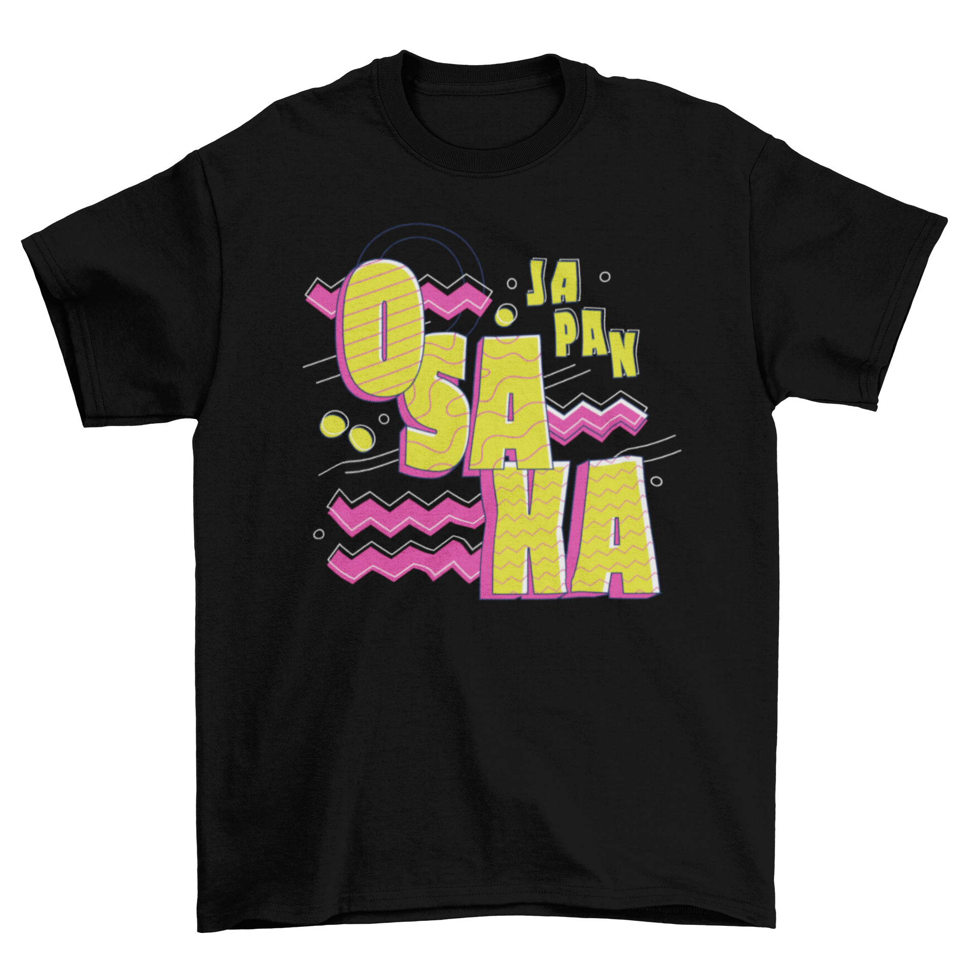 Osaka Japan lettering t-shirt featuring vibrant yellow and magenta colors with the quote 'Osaka - Japan'.