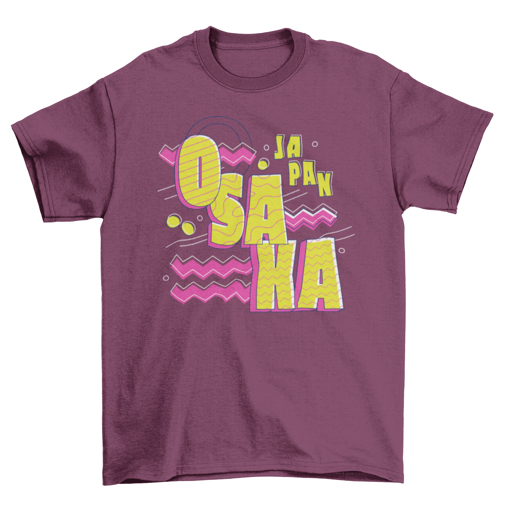 Osaka Japan lettering t-shirt featuring vibrant yellow and magenta colors with the quote 'Osaka - Japan'.