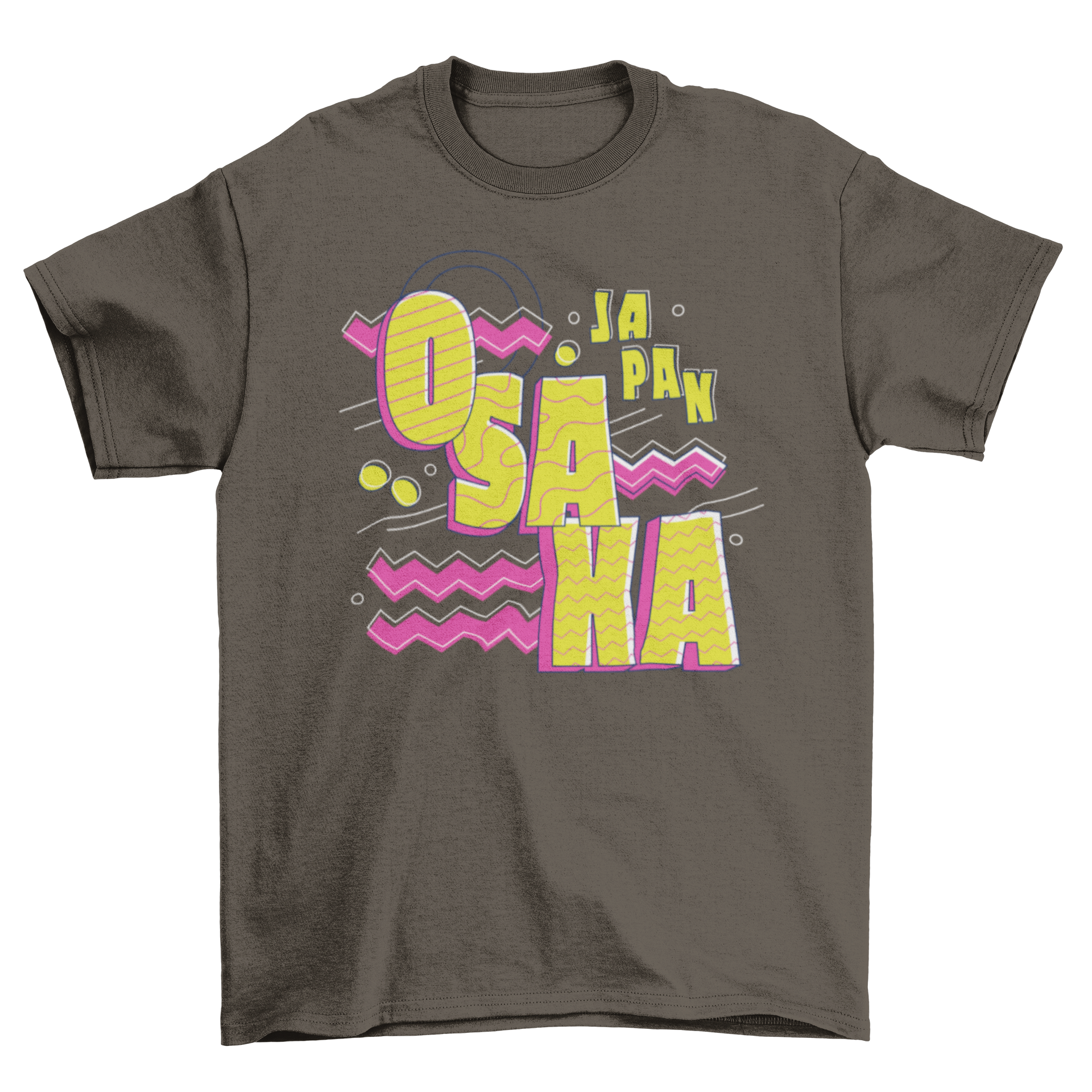 Osaka Japan lettering t-shirt featuring vibrant yellow and magenta colors with the quote 'Osaka - Japan'.