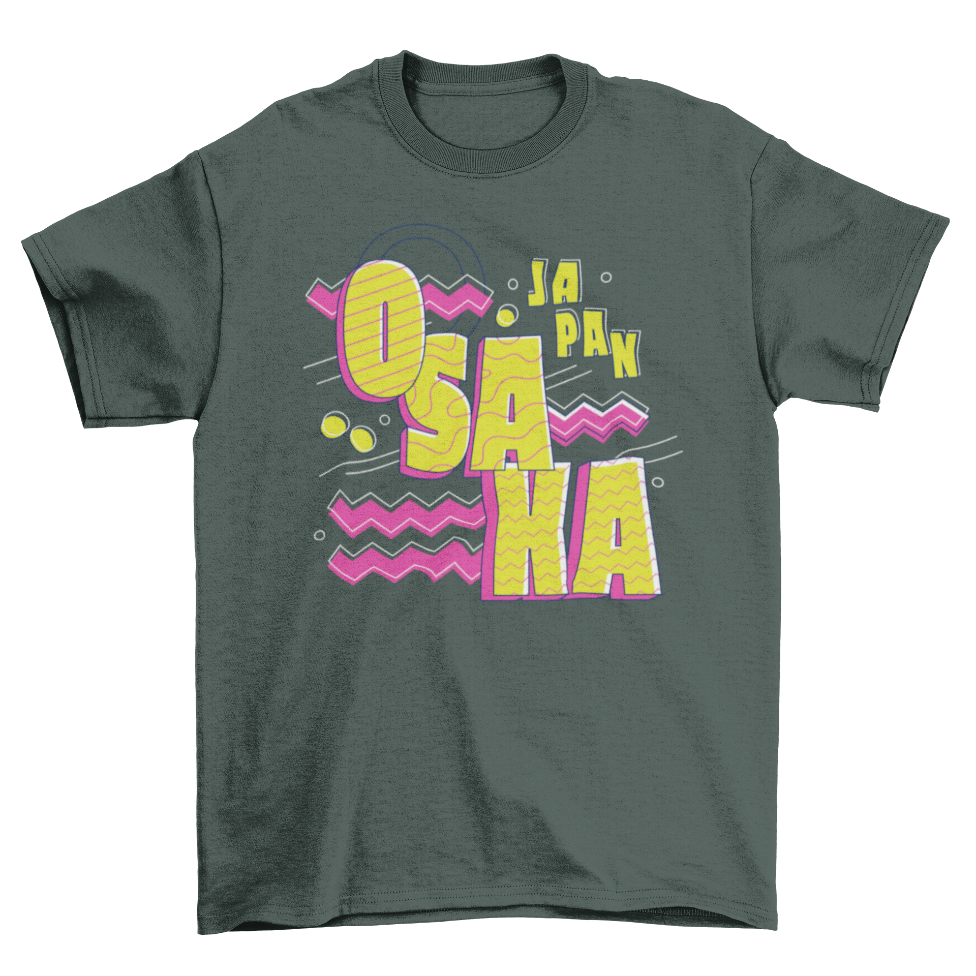 Osaka Japan lettering t-shirt featuring vibrant yellow and magenta colors with the quote 'Osaka - Japan'.
