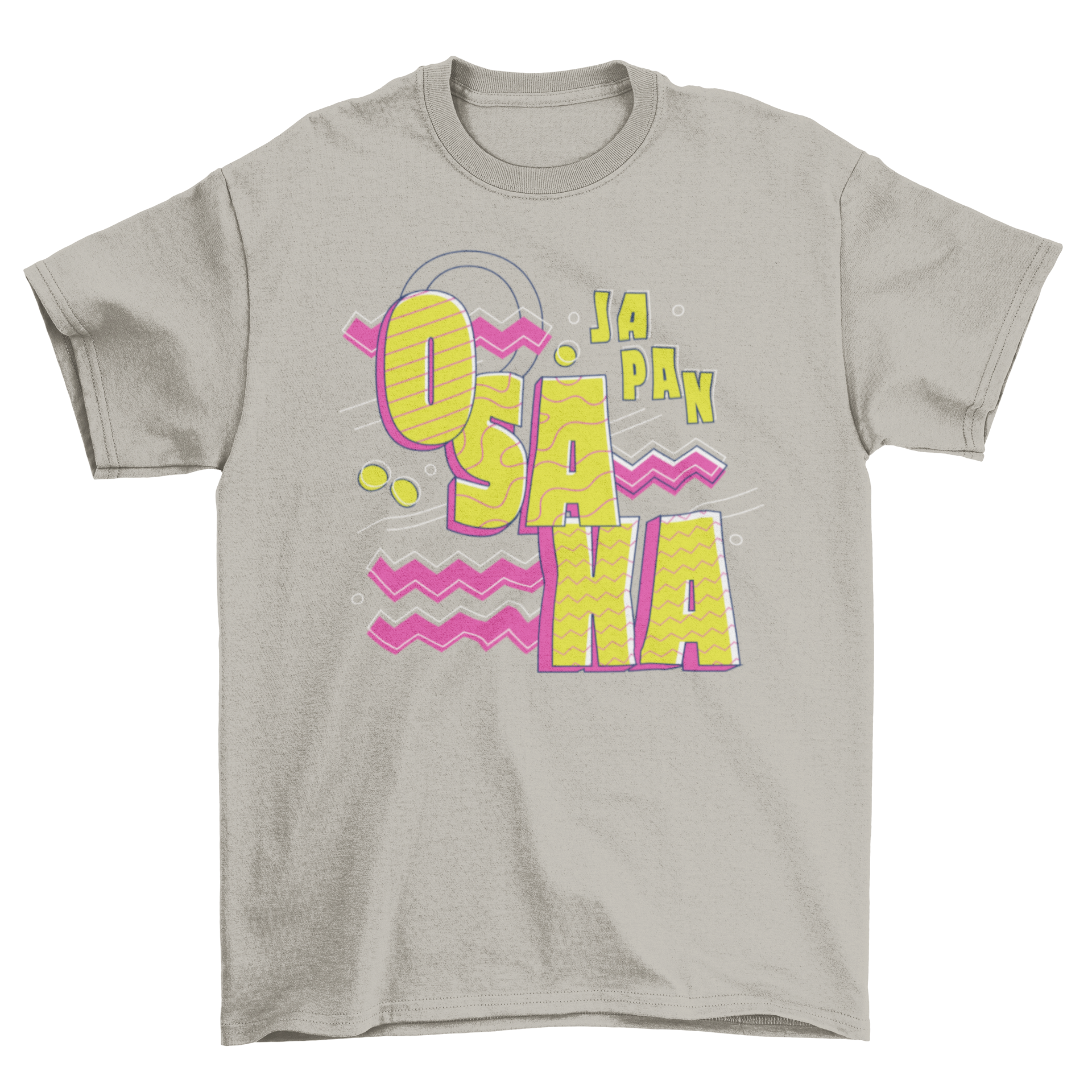 Osaka Japan lettering t-shirt featuring vibrant yellow and magenta colors with the quote 'Osaka - Japan'.