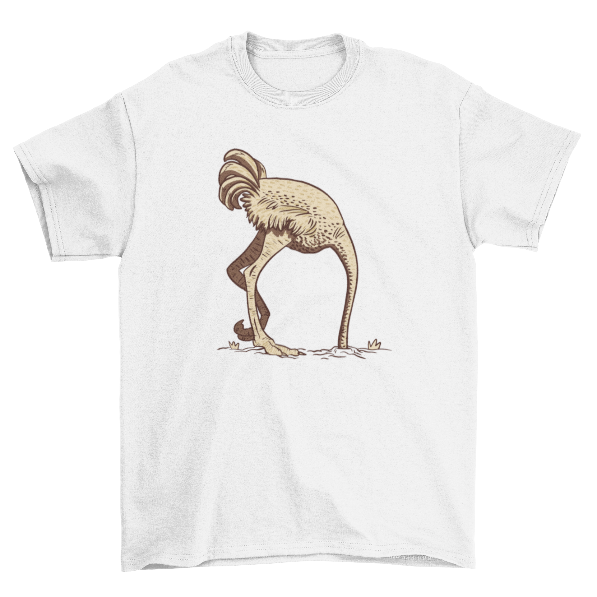 A playful t-shirt featuring an ostrich with its head buried in the sand, showcasing a unique and humorous design.