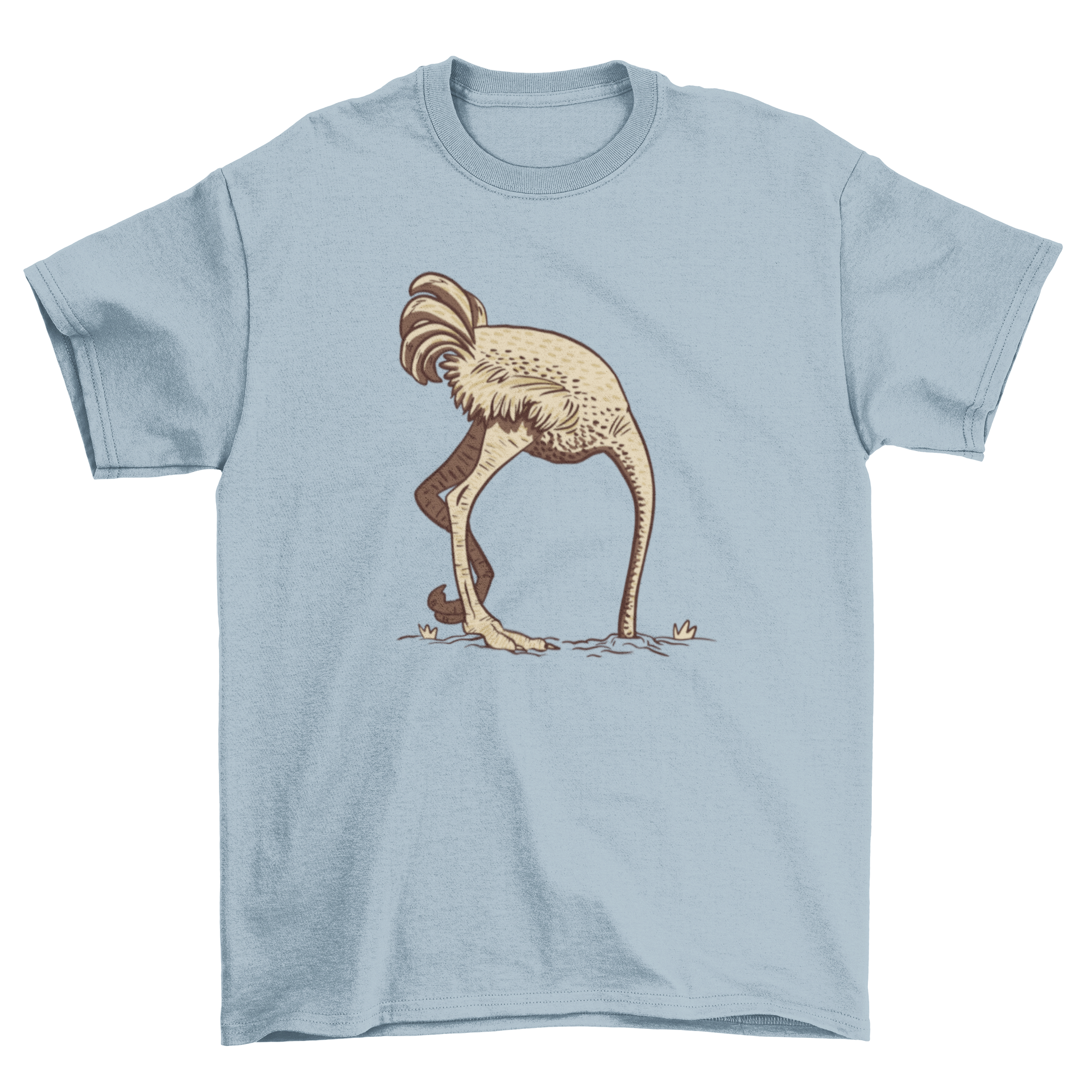 A playful t-shirt featuring an ostrich with its head buried in the sand, showcasing a unique and humorous design.