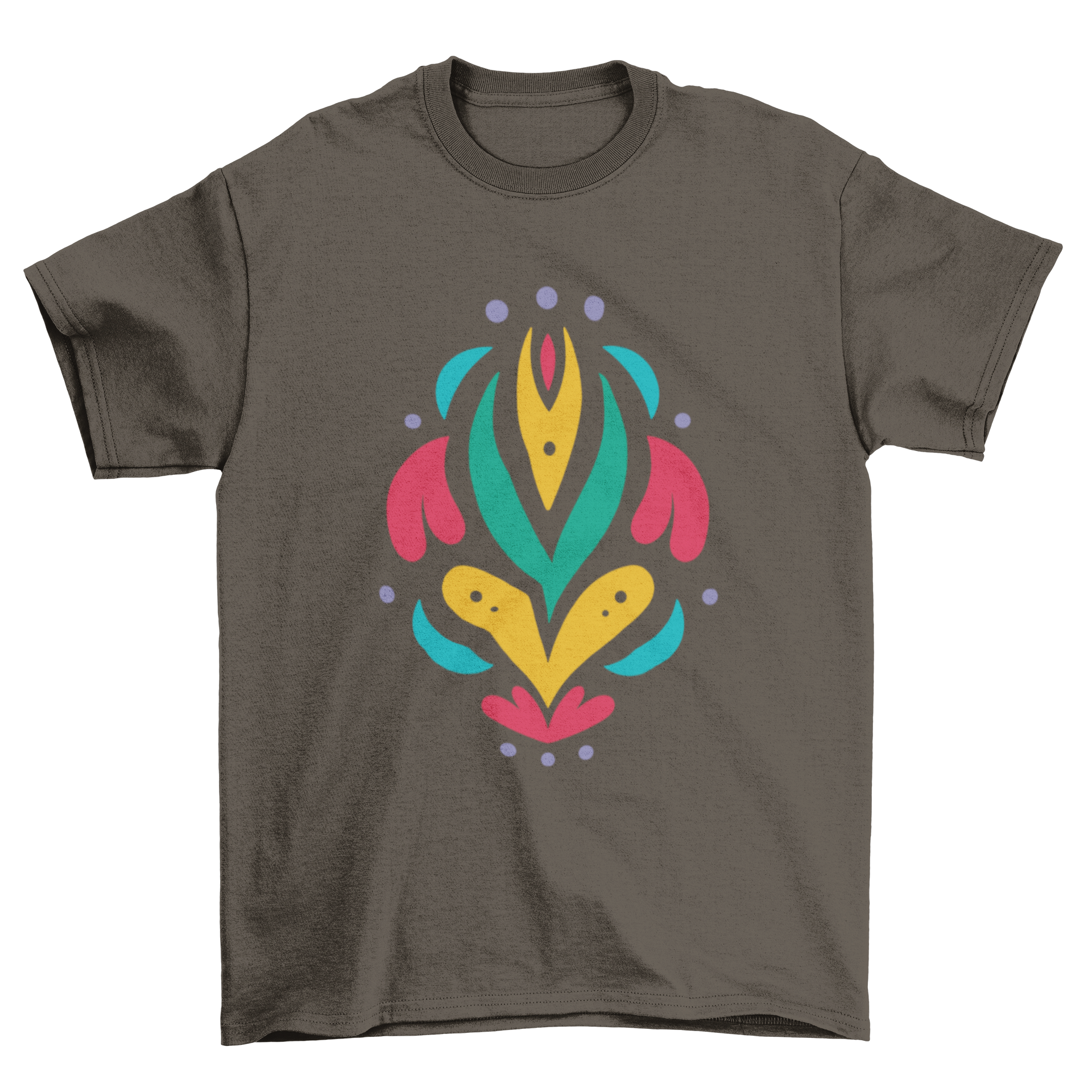 Colorful Otomi-style flower illustration on a t-shirt, showcasing vibrant patterns and intricate details.