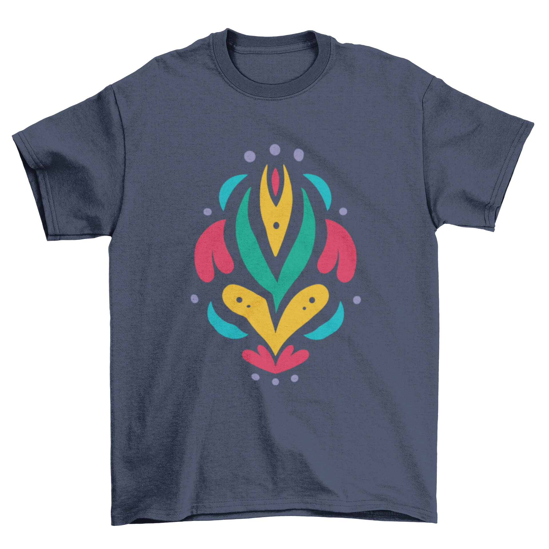 Colorful Otomi-style flower illustration on a t-shirt, showcasing vibrant patterns and intricate details.