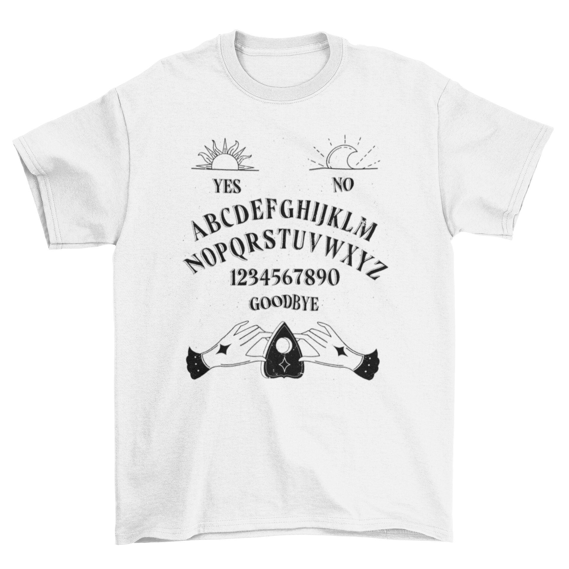 Ouija Board T-shirt featuring a full ouija board design, perfect for paranormal enthusiasts.