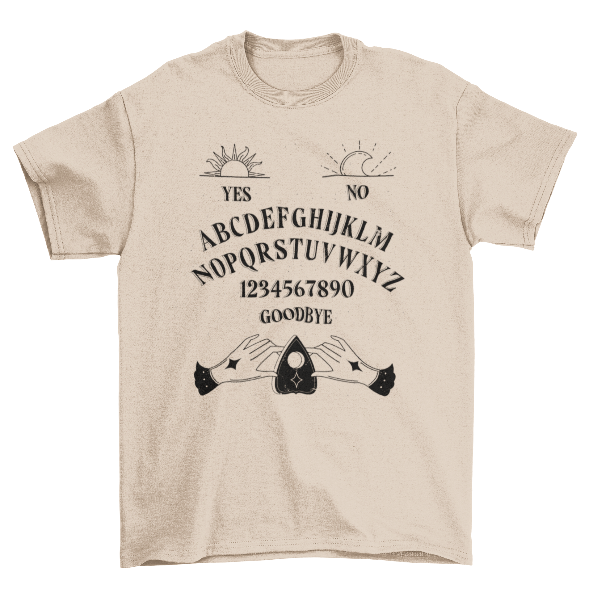 Ouija Board T-shirt featuring a full ouija board design, perfect for paranormal enthusiasts.