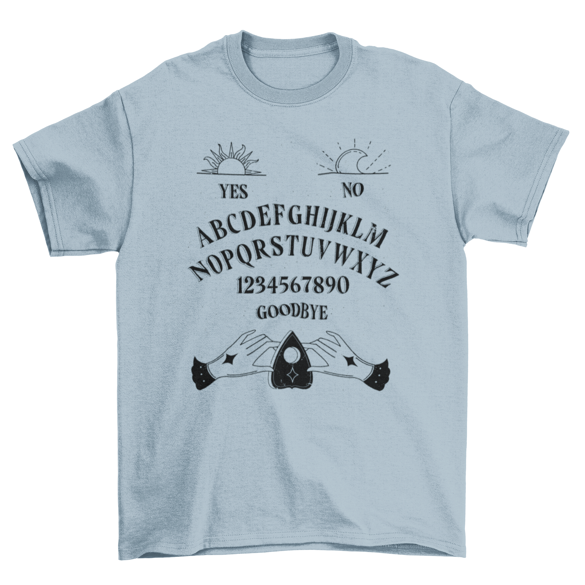 Ouija Board T-shirt featuring a full ouija board design, perfect for paranormal enthusiasts.