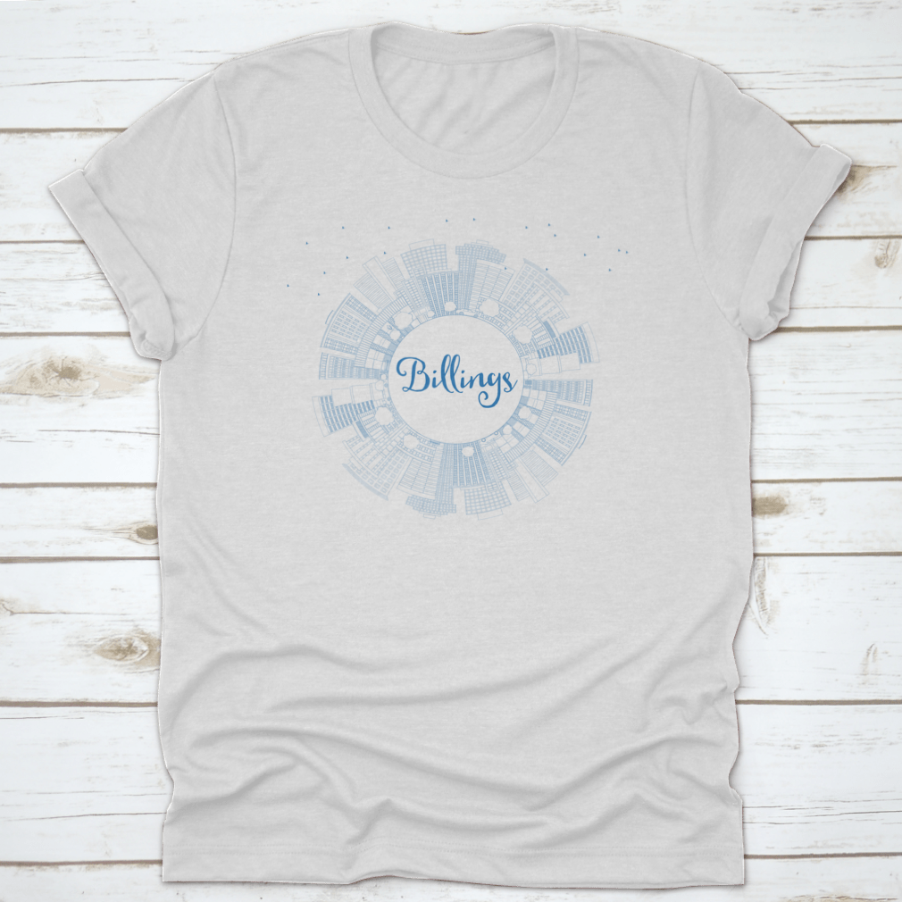 Outline Billings Montana City Skyline t-shirt featuring blue buildings and business design.
