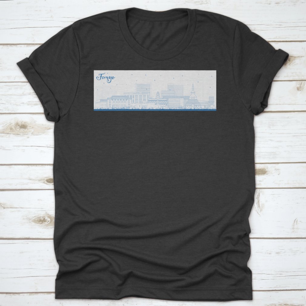 Outline of Fargo North Dakota city skyline featuring blue buildings on a stylish T-shirt.