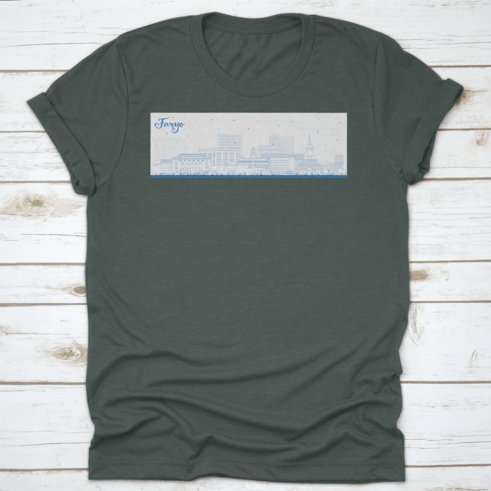 Outline of Fargo North Dakota city skyline featuring blue buildings on a stylish T-shirt.