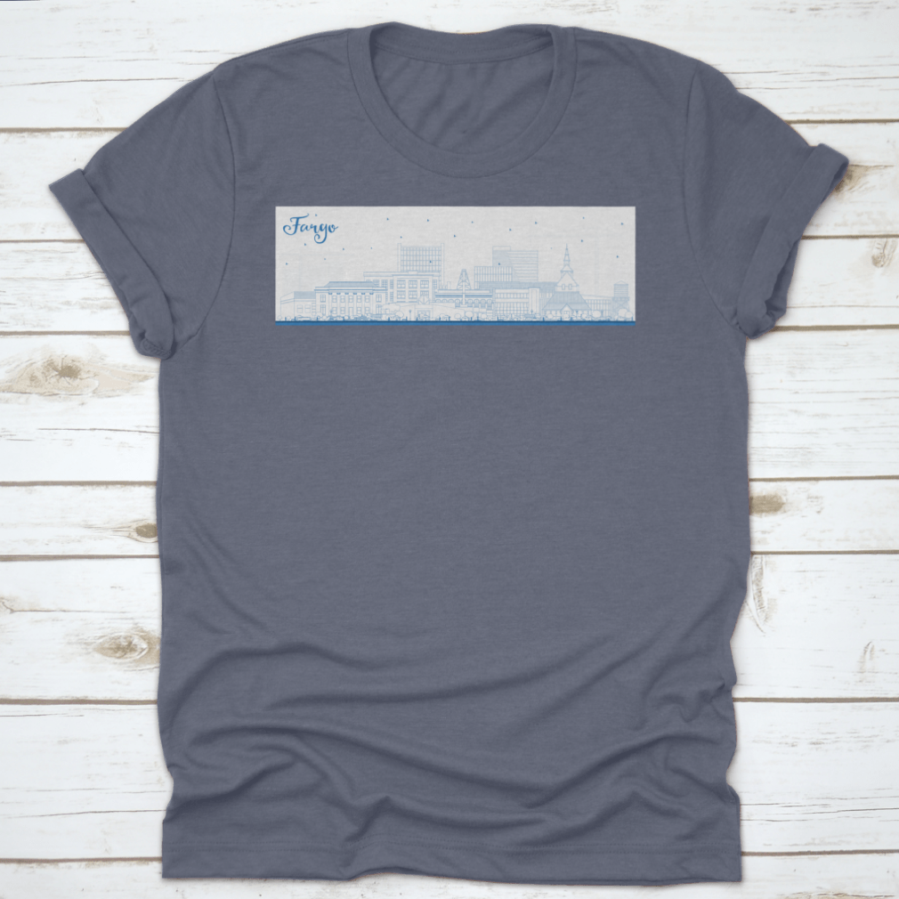Outline of Fargo North Dakota city skyline featuring blue buildings on a stylish T-shirt.