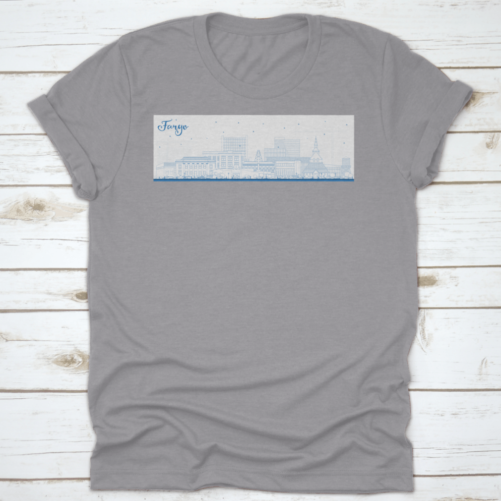 Outline of Fargo North Dakota city skyline featuring blue buildings on a stylish T-shirt.