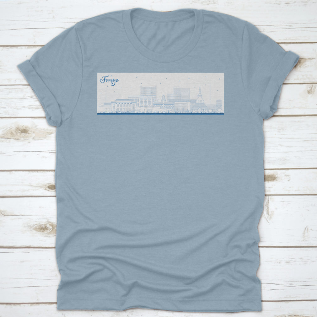 Outline of Fargo North Dakota city skyline featuring blue buildings on a stylish T-shirt.