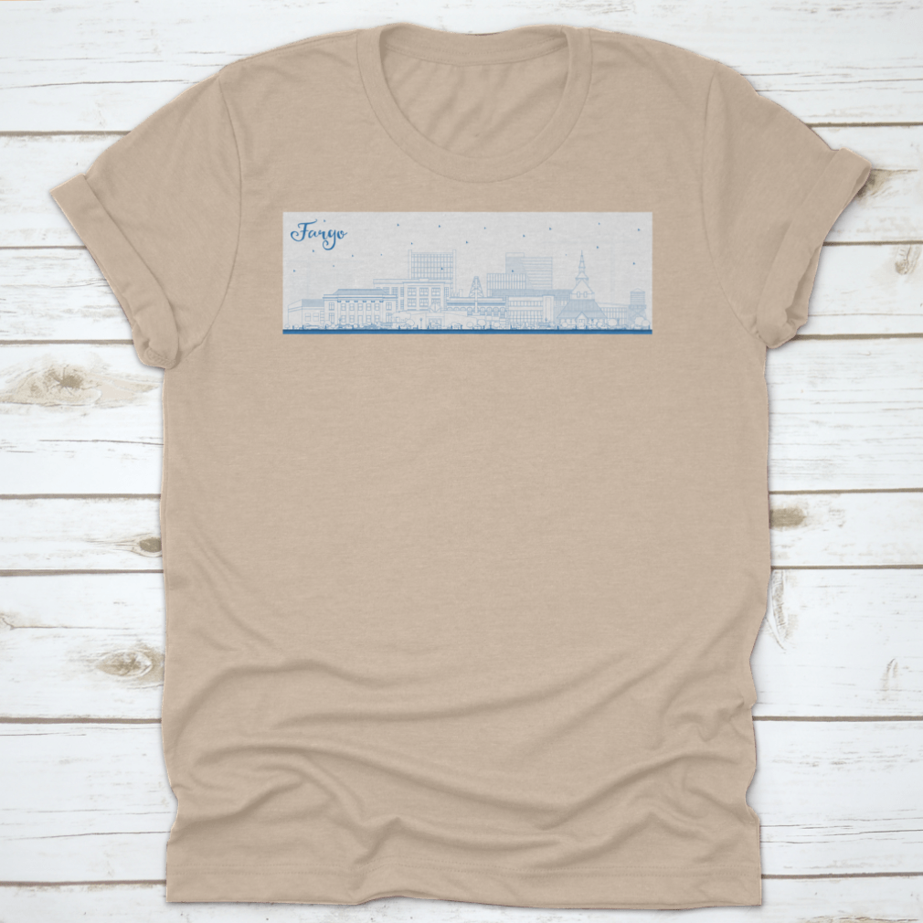 Outline of Fargo North Dakota city skyline featuring blue buildings on a stylish T-shirt.