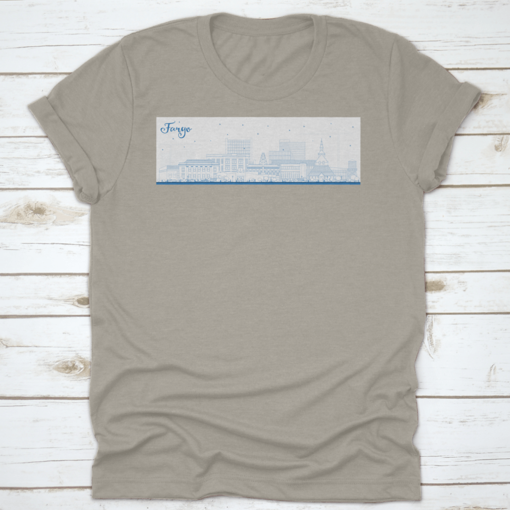 Outline of Fargo North Dakota city skyline featuring blue buildings on a stylish T-shirt.