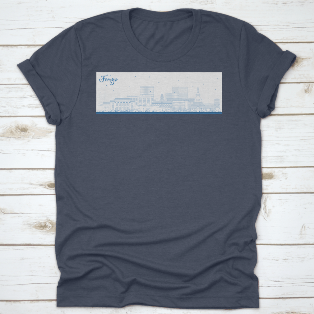Outline of Fargo North Dakota city skyline featuring blue buildings on a stylish T-shirt.