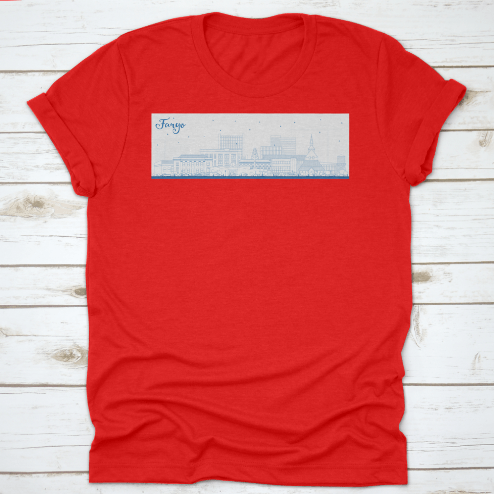 Outline of Fargo North Dakota city skyline featuring blue buildings on a stylish T-shirt.