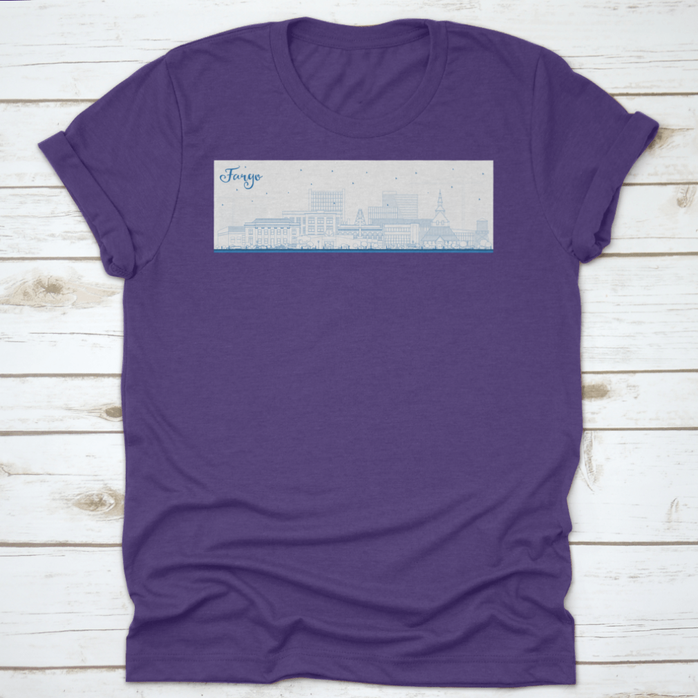 Outline of Fargo North Dakota city skyline featuring blue buildings on a stylish T-shirt.