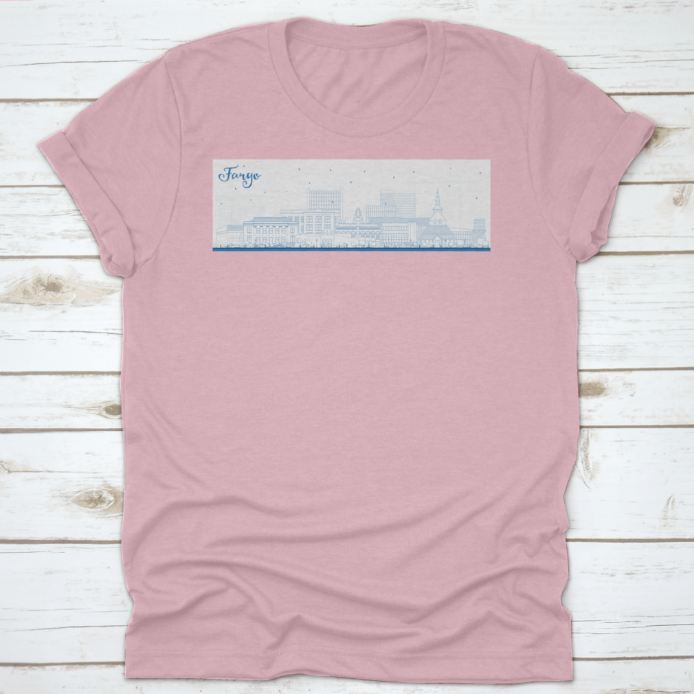 Outline of Fargo North Dakota city skyline featuring blue buildings on a stylish T-shirt.