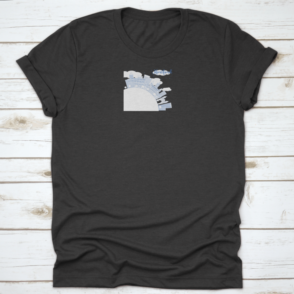 Outline Hartford Skyline t-shirt featuring blue buildings and ample copy space, showcasing a stylish urban design.