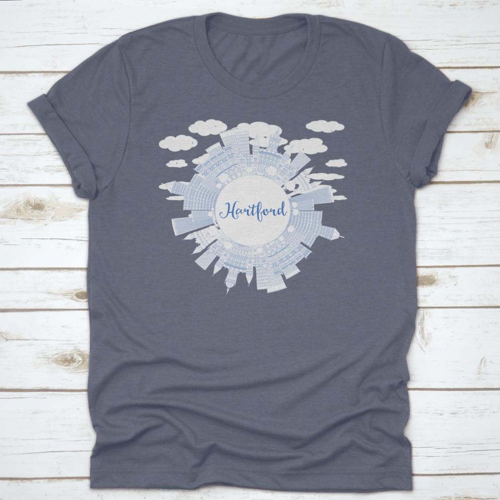 Outline Hartford Skyline t-shirt featuring blue buildings design, made from 100% cotton, ideal for business travel.