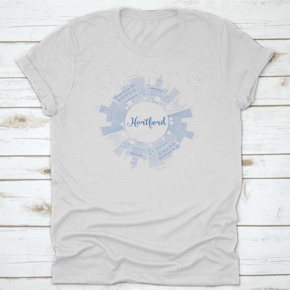 Outline Hartford Skyline t-shirt featuring blue buildings design, made from 100% cotton, ideal for business travel.
