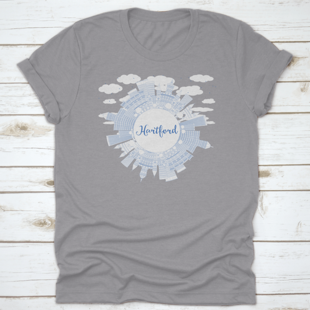 Outline Hartford Skyline t-shirt featuring blue buildings design, made from 100% cotton, ideal for business travel.