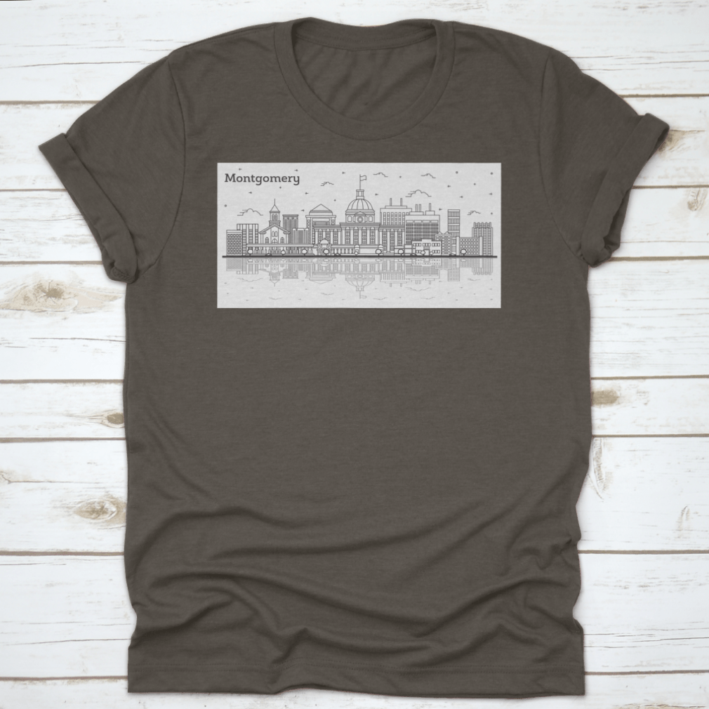 Outline of Montgomery Alabama city skyline featuring modern buildings on a stylish T-shirt.
