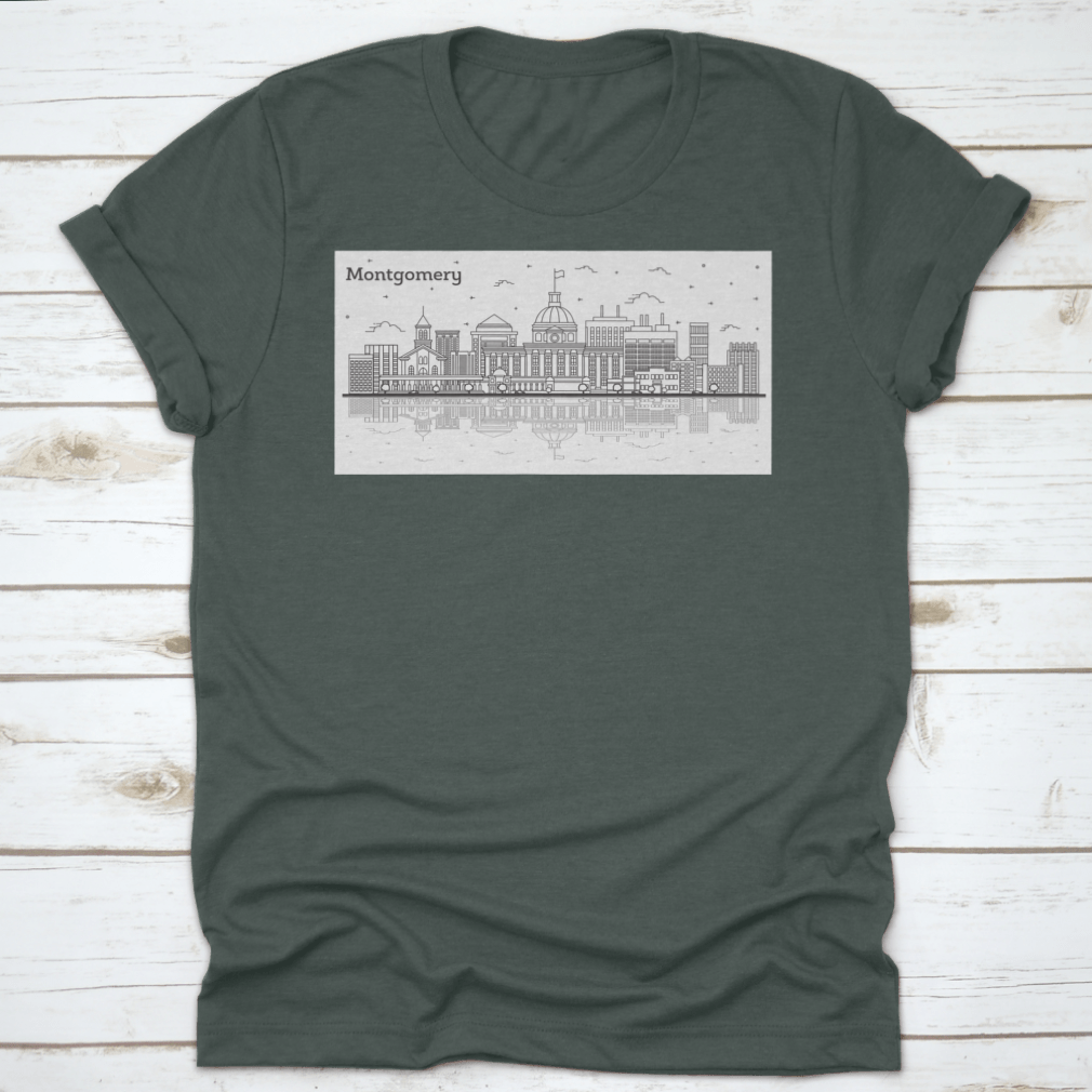 Outline of Montgomery Alabama city skyline featuring modern buildings on a stylish T-shirt.