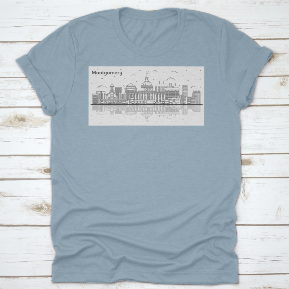 Outline of Montgomery Alabama city skyline featuring modern buildings on a stylish T-shirt.