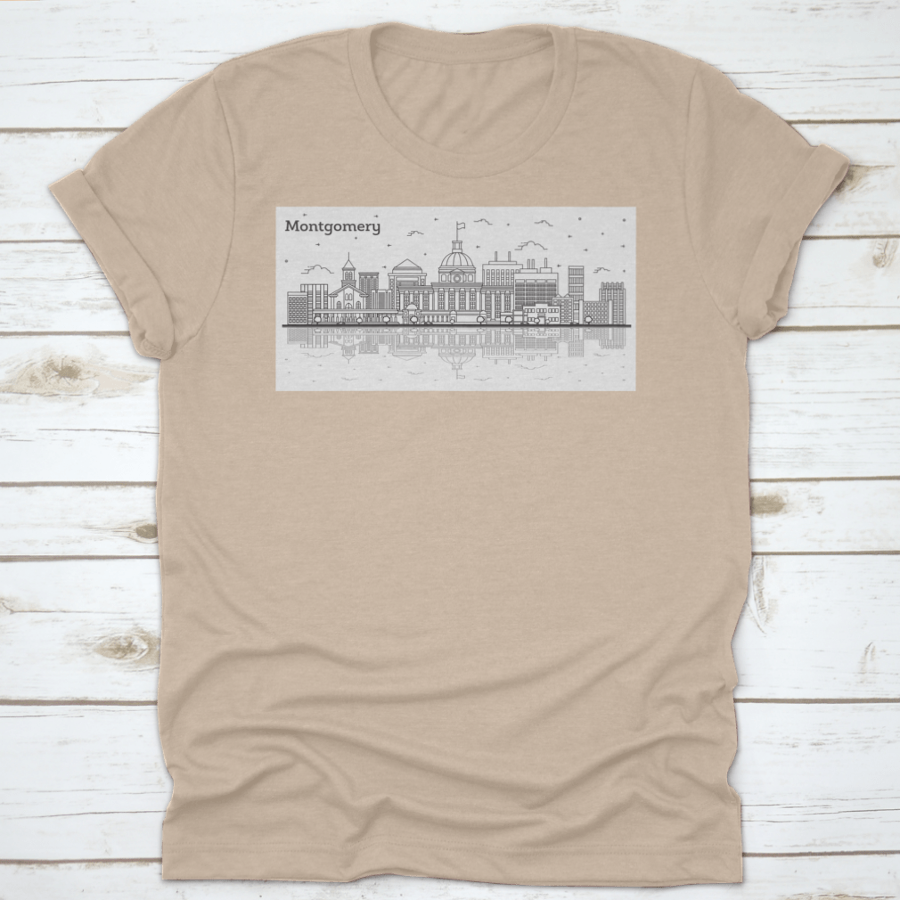 Outline of Montgomery Alabama city skyline featuring modern buildings on a stylish T-shirt.